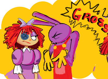 alternative_fashion anthro black_eyes blue_clothing blue_dress button_(fastener) clothed clothing doll dress duo eyelashes eyes_closed female fur gloves hair handwear j-fashion lolita_(fashion) long_ears male overalls purple_body purple_ears purple_fur rag_doll_(toy) red_clothing red_hair red_nose red_overalls short_hair sweet_lolita tan_body text yellow_clothing yellow_gloves yellow_handwear yellow_sclera light-koe-pinsky glitch_productions the_amazing_digital_circus jax_(tadc) ragatha_(tadc) animate_inanimate lagomorph leporid living_doll living_toy mammal rabbit english_text hi_res