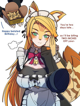 anthro bell blonde_hair blush bow_tie caressing_face clothing female female_focus fur green_eyes group hair maid_headdress maid_uniform pouting solo_focus stripes text uniform white_body white_fur yellow_body yellow_fur dorahdew mihoyo zenless_zone_zero pulchra_fellini felid feline mammal thiren 2025 english_text hi_res