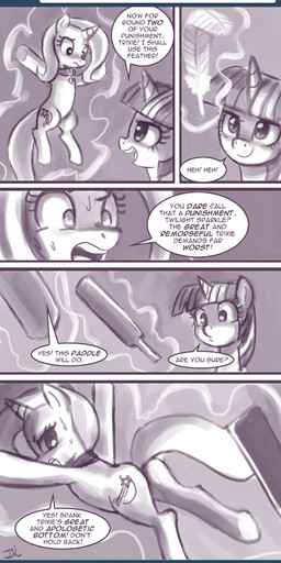 butt captured cutie_mark dialogue duo feathers female feral horn levitation magic paddle quadruped semi-anthro tail text john_joseco friendship_is_magic hasbro my_little_pony mythology tumblr trixie_(mlp) twilight_sparkle_(mlp) equid equine mammal mythological_creature mythological_equine unicorn english_text monochrome