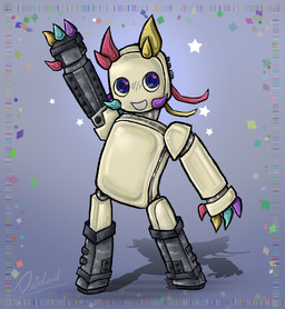 anatomy_error anthro blue_eyes gesture glistening glistening_body horn machine metal metallic_body multicolored_claws multicolored_horn smile waving white_body deidad_dissitum regretevator roblox the_axolotl_sun prototype_(regretevator) arthropod robot robot_anthro 2026 digital_media_(artwork) hi_res nonbinary_(lore)