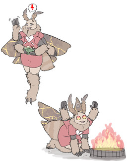 2_claws 4_arms 5_fingers antennae_(anatomy) anthro arthropod_abdomen biped black_body black_sclera black_skin brown_body brown_fur claws clothed clothing digitigrade exclamation_point eyespots feet fingers food fur holding_food holding_object insect_wings kintsugi_(art) kneeling lepidopteran_wings markings multi_arm multi_limb neck_tuft open_mouth red_clothing robe simple_background solo standing stripes toes tuft white_background white_eyes wings worship welcometaco cult_of_the_lamb massive_monster_(studio) floof_(binaryfloof) arthropod insect lepidopteran moth hi_res multiple_images