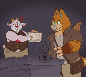 anthro bag belly book brown_body brown_fur clothed clothing duo fur horn male male/male open_mouth overweight overweight_anthro overweight_male pink_body pink_fur sculpture smile statue tail topwear vest white_body white_fur wings bigtimekudo colt_(notabird) desmond_(quakestir) bovid canid canine caprine fox goat hybrid mammal hi_res