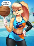 2024 3:4 abs absurd_res anthro artist_logo athletic athletic_female ball basketball_(ball) basketball_uniform blue_eyes breasts buckteeth clothing dated dialogue english_text female half-closed_eyes hand_on_hip hi_res lagomorph leporid logo lola_bunny looking_at_viewer looney_tunes mammal mykegreywolf narrowed_eyes navel pink_nose rabbit signature solo speech_bubble spinning_ball sportswear teeth text thick_thighs uniform warner_brothers