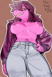 anthro big_breasts big_nipples bottomwear breasts clothing denim denim_bottomwear denim_clothing female feral jeans nipples pants purple_body smile solo solo_focus wide_hips thisguyxyq deltarune undertale_(series) susie_(deltarune) humanoid absurd_res hi_res watermark