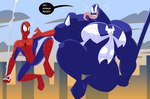 big_muscles blue_body city city_background dialogue duo emblem empty_eyes long_tongue male muscular muscular_humanoid muscular_male not_furry sharp_teeth speech_bubble spider_web teeth text tongue tongue_out comicfiruko marvel spider-man_(series) spider-man_(character) venom_(marvel) alien alien_humanoid human humanoid mammal monster symbiote digital_media_(artwork) english_text hi_res