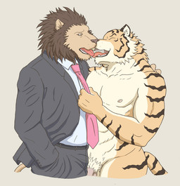 abs anthro clothed clothing duo eyes_closed flaccid french_kissing fully_clothed genitals kemono kissing male male/male muscular nipples nude penis pubes simple_background suit tail tongue undressing white_background kedama felid lion mammal pantherine tiger 2012 source_request unavailable_at_source