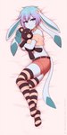 animal_plushie anthro bedding bedding_background bottomwear bow_(feature) bow_accessory clothed clothing collar dakimakura dakimakura_design ear_bow femboy footwear heart_symbol holding_object holding_plushie holding_teddy_bear legwear looking_at_viewer male midriff pattern_clothing pattern_footwear pattern_legwear pattern_socks plushie shorts socks solo striped_clothing striped_footwear striped_socks stripes teddy_bear twin_bows twin_ear_bows re-sublimity-kun nintendo pokemon glacey_(glaceonthepet) eeveelution generation_4_pokemon glaceon pokemon_(species) 1:2 digital_media_(artwork) hi_res shaded