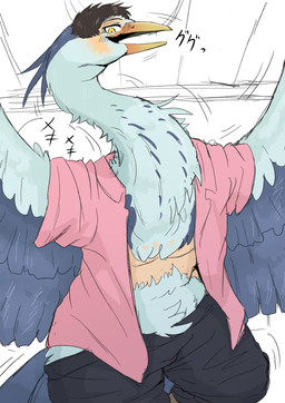 ambiguous_gender arm_feathers beak blue_body blue_feathers blush bottomwear bottomwear_down clothed clothing feather_growth feathered_wings feathers feral growth hair human_to_feral long_neck mid_transformation naturally_censored open_clothing open_mouth open_shirt open_topwear pants pants_down partially_clothed pupils shirt shrinking simple_background size_transformation slit_pupils solo species_transformation tail tail_feathers text topwear torn_clothing transformation wing_growth wings yellow_eyes yakumomidori1 avian bird heron human mammal pelecaniform hi_res japanese_text