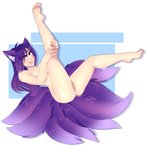 copyright_symbol female genitals legs_up multi_tail pose pussy raised_leg solo symbol tail konomofu animal_humanoid canid canid_humanoid canine canine_humanoid fox_humanoid humanoid mammal mammal_humanoid hi_res pinup