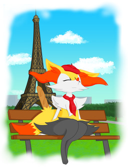 3_toes :3 ambiguous_gender anthro arm_tuft ascot baguette bench beret black_body black_fur bread cheek_tuft chest_tuft clothing detailed_background dipstick_tail eiffel_tower eyes_closed facial_tuft feet food fur hat headgear headwear inner_ear_fluff markings orange_body orange_fur orange_nose outside semi-anthro shoulder_tuft sitting solo tail tail_markings toes tuft white_body white_fur yellow_body yellow_fur renbxn nintendo pokemon braixen canid canine fox generation_6_pokemon mammal pokemon_(species) 2025 absurd_res hi_res