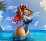 abs arms_above_head beach big_breasts breasts clothing countershading ears_up eyes_closed eyewear female hair huge_breasts nipples nipples_visible_through_clothing one-piece_swimsuit raised_arms red_hair solo sunglasses swimwear thick_thighs tight_clothing water wet wide_hips sunstripe aeril_(helios) canid canine fox mammal absurd_res hi_res