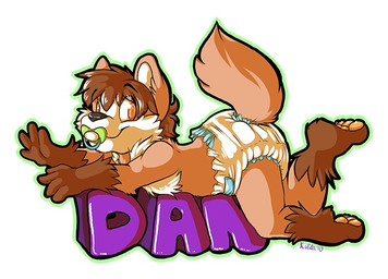 ageplay anthro clean_diaper clothed clothing diaper diaper_only extruded_text heart_symbol infantilism male object_in_mouth orange_eyes pacifier pacifier_in_mouth paws roleplay simple_background solo tail topless wearing_diaper white_background young young_anthro young_male pupspace canid canine fox mammal character_badge_(artwork)