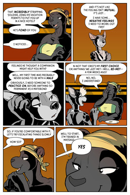 anthro bandana_on_head bedroom_eyes dialogue duo ear_piercing ear_ring female furniture half-closed_eyes narrowed_eyes piercing plate ring_piercing seductive shadow table tattoo teeth rick_griffin ideka sakitori canid canine canis felid mammal pantherine wolf 2024 comic hi_res