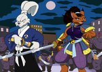 anthro brown_body brown_fur building city clothing duo female full_moon fur male melee_weapon moon samurai sword teeth warrior weapon white_body white_fur yin_yang droll3 teenage_mutant_ninja_turtles usagi_yojimbo miyamoto_usagi ninjara_(tmnt) umeko_(tmnt) canid canine fox lagomorph leporid mammal rabbit 2012