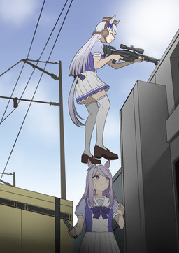 asian_clothing bodily_fluids bottomwear brown_clothing brown_footwear brown_shoes clothing duo ear_bow east_asian_clothing female footwear game_physics grin gun hair hat headgear headwear holding_gun holding_knife holding_object holding_ranged_weapon holding_rifle holding_weapon japanese_clothing japanese_school_uniform knife legwear long_hair outside pillbox_hat pleated_skirt puffy_sleeves purple_eyes ranged_weapon rifle school_uniform serafuku shirt shoes short_sleeves skirt sky smile sniper_rifle standing standing_on_another sweat sweatdrop tail thigh_highs topwear uniform utility_pole weapon white_bottomwear white_clothing white_legwear white_skirt white_thigh_highs raikkonen counter-strike cygames uma_musume_pretty_derby gold_ship_(pretty_derby) mejiro_mcqueen_(pretty_derby) animal_humanoid equid equid_humanoid equine equine_humanoid horse_humanoid humanoid mammal mammal_humanoid 2025 absurd_res hi_res