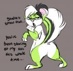 annoyed anthro black_hair black_stripes bottomless butt clipboard clothed clothing eyewear female fur glasses green_body green_fur grey_background hair holding_clipboard holding_object jacket looking_at_viewer paper simple_background solo stripes text toony topwear white_body white_fur white_hair zipzap mammal mephitid skunk 2018