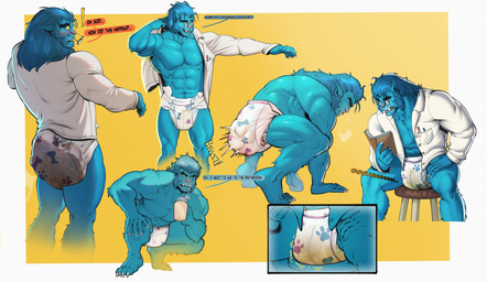 abs all_fours anthro beverage black_eyebrows blue_body blue_fur blue_hair blush bodily_fluids book chair claws clothed clothing coat container crouching cup dialogue diaper diaper_only diaper_squish ears_back embarrassed eyebrows eyewear facial_hair feces fur furniture genital_fluids glasses hair holding_beverage holding_container holding_cup holding_mug holding_object humanoid_pointy_ears incontinence lab_coat male mug muscular muscular_anthro muscular_humanoid muscular_male navel oblivious on_chair onomatopoeia pantsless_anthro pantsless_male pivoted_ears pointy_ears pooping pupils reading reading_book realization round_glasses sideburns simple_background sitting sitting_on_chair sitting_on_stool soiled_diaper soiling soiling_diaper solo sound_effects speech_bubble standing stool talking_to_self text thick_eyebrows topless topwear tusks unclean_diaper urine used_diaper wearing_diaper wet_diaper wetting wetting_diaper white_pupils yellow_sclera syeenyeen marvel x-men beast_(marvel) animal_humanoid humanoid mutant_(x-men) 2025 absurd_res hi_res multiple_scenes