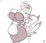 anthro beak big_breasts breasts bulging_breasts cleavage cleavage_overflow clothed clothing female huge_breasts maid_uniform non-mammal_breasts simple_background solo struggling_to_fit undersized_clothing uniform drxii ruthie_(grimmagent) avian bird chicken galliform gallus_(genus) phasianid rhode_island_red 2021 digital_media_(artwork) hi_res