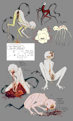 :o ambiguous_gender ambiguous_humanoid black_tail blood bodily_fluids closed_smile crouching disembowelment drooling eyeless female female_humanoid fur genitals gore grey_background grin grotesque group guts hole_in_body hole_in_crotch hole_in_head holes_in_body horror_(theme) insect_legs intestines looking_up mouth_closed noseless open_mouth orange_tongue organs parasite profanity red_body red_skin red_tongue saliva simple_background smile spiked_legs tail tan_body tan_fur teeth text tongue tongue_out trypophobia vomit vomit_on_chest vomiting vulva vulva_for_mouth yellow_teeth jejejunum pest's_abomination arthropod fly_(animal) humanoid insect larva maggot taur 2025 absurd_res english_description english_text hi_res multiple_images