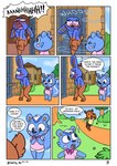 animal_crossing blue_body blue_fur blush clothed clothing comic covering covering_self dialogue doc_(animal_crossing) embarrassed english_text exposed eyewear fauna_(animal_crossing) filbert_(animal_crossing) fur glasses group hair hi_res holding_crotch lagomorph leporid looking_at_butt male mammal nintendo nude nutty_bo rabbit rodent sciurid speech_bubble text tree_squirrel