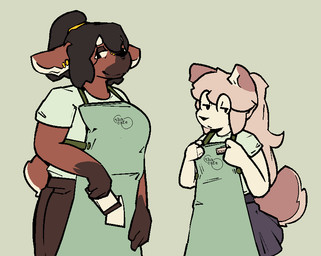 anthro apron black_hair bottomwear brown_body brown_fur brown_hair clothing disinterested duo ear_piercing ear_ring eyewear facial_piercing female fur furgonomic_piercing furgonomics glasses hair horn muzzle_piercing nose_piercing pants piercing ring_piercing scut_tail short_tail skirt smile tail tan_body tan_fur text catjamn karina_(catjamn) steph_(catjamn) canid canine deer mammal aliasing digital_media_(artwork) english_text