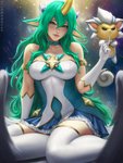 big_breasts bottomwear breasts clothed clothing duo female fully_clothed green_eyes green_hair hair horn legwear long_hair looking_at_viewer skirt solo_focus thigh_highs sciamano240 league_of_legends riot_games tencent soraka animal_humanoid bovid bovid_humanoid caprine caprine_humanoid horned_humanoid humanoid mammal mammal_humanoid 3:4 hi_res