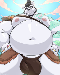 anthro areola belly biped black_hair bulge clothing cloud day detailed_background detailed_bulge facial_hair flaccid fur genital_outline genitals hair low-angle_view male navel nipples outside overweight overweight_anthro overweight_male pecs penis penis_outline ring sky solo tattoo thong underwear white_body white_fur maldu domino_(midnighthossman) bear giant_panda mammal 2021 4:5 absurd_res hi_res