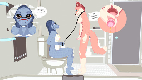 anthro balls bathroom bdsm bodily_fluids bondage bound breasts collar dialogue dominant dominant_female duo erection eyewear female genital_fluids genitals glasses gynomorph gynomorph/female holding_penis humanoid_genitalia humanoid_penis intersex intersex/female leash leash_pull leashed_collar looking_at_viewer nipples nude peeing peeing_on_another penis petplay roleplay sitting sitting_on_toilet standing submissive text toilet urine urine_stream watersports mynka lennox_(mynka) raelynn_(mynka) amphibian canid canine fox mammal salamander 16:9 3d_(artwork) comic digital_media_(artwork) english_text hi_res widescreen trans_(lore) trans_woman_(lore)