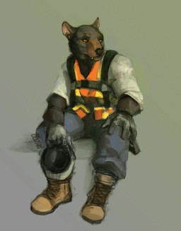 anthro armor biped boots clothed clothing construction_worker female footwear gloves handwear hard_hat headgear helmet industrial shoes simple_background sitting solo topwear vest worker conditional_dnp oouna deotasdevil dasyurid dasyuromorph mammal marsupial tasmanian_devil digital_media_(artwork) full-length_portrait portrait