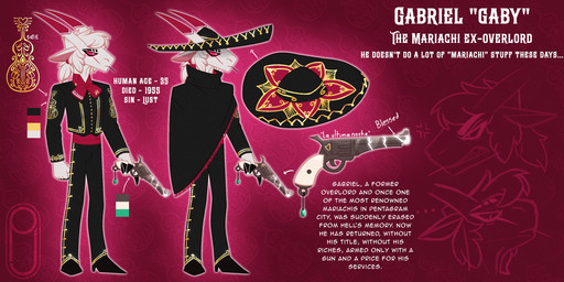 anthro biting_on_toothpick bow_tie clothing fur glowing glowing_eyes gun hair handgun hat headgear headwear horn left-handed long_hair male mariachi mariachi_suit ponytail ranged_weapon revolver sarape scar solo sombrero suit text toothpick weapon white_body white_fur pickle_juice hazbin_hotel hellaverse fan_character gabriel_(pickle_juice) demon sinner_demon 2:1 english_text hi_res model_sheet