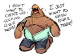 anthro biped bodily_fluids bottomwear clothing humanoid_hands male musclegut muscular shirt shorts simple_background solo tears text topwear white_background lentejota6 bear mammal 2021 4:3 english_text hi_res sketch