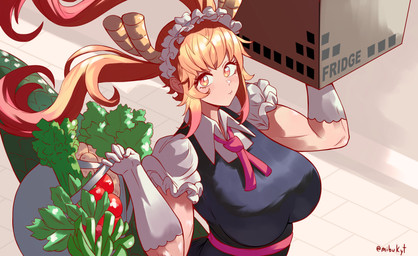 bag bent_arm big_breasts big_tail blonde_hair blue_clothing box breasts brick_floor celery clothed clothing container eyelashes female flowing_hair food fruit gradient_hair green_body green_scales hair high-angle_view holding_bag holding_box holding_container holding_object horn light_body light_skin long_hair long_tail looking_at_viewer maid_headdress maid_uniform multicolored_hair muscular muscular_arms orange_eyes pink_hair plant pupils scales shopping simple_background slit_pupils solo straight_hair tail tapering_tail text thick_tail tomato twintails_(hairstyle) two_tone_hair uniform vegetable walking walkway wall_(structure) white_clothing white_glove yellow_horn mibukyt miss_kobayashi's_dragon_maid mythology tohru_(dragon_maid) animal_humanoid dragon dragon_humanoid humanoid mythological_creature mythological_scalie scalie 2026 absurd_res colored colored_line_art digital_drawing_(artwork) digital_media_(artwork) english_text half-length_portrait hi_res portrait shaded signature