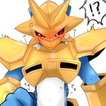 ?! anthro armor blue_body blush bodily_fluids breath disembodied_hand duo embarrassed gold_(metal) gold_armor male red_eyes slim small_waist tears milkteaolo bandai_namco digimon digimon_(species) magnamon scalie 1:1