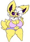 anthro big_breasts breasts clothing female hair navel purple_eyes solo thick_thighs topwear underwear white_hair yellow_body lewdchuu_(artist) nintendo pokemon pyon_(lewdchuu) eeveelution generation_1_pokemon jolteon pokemon_(species) hi_res