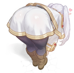 big_butt boots bottomwear brown_boots brown_clothing brown_footwear butt clothing female footwear grey_clothing grey_hair grey_legwear grey_tights hair heart_symbol humanoid_pointy_ears legwear pigtails pointy_ears rear_view shoes simple_background skirt solo tan_body tan_skin thick_thighs tights topwear white_background white_bottomwear white_clothing white_skirt white_topwear wide_hips merrytail frieren_beyond_journey's_end frieren elf humanoid absurd_res hi_res