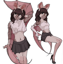 anthro biped black_bottomwear black_clothing black_eyes black_skirt bottomwear brown_hair clothing crop_top female footwear hair high_heels midriff navel shirt shoes simple_background sitting skirt solo standing topwear white_clothing white_crop_top white_topwear wings hhonchkrow234 bat mammal hi_res