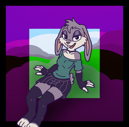 anthro arm_warmers armwear biped bottomwear breasts clothed clothing eyelashes feet female fingers fluffy fluffy_tail fully_clothed fur gloves gradient_background green_clothing green_shirt green_topwear grey_body grey_fur half-closed_eyes handwear legwear light_body light_fur long_ears looking_at_viewer medium_breasts multicolored_body multicolored_fur narrowed_eyes open_mouth scut_tail shirt short_tail simple_background sitting skirt smile solo tail thigh_highs toes topwear two_tone_body two_tone_fur ircluzar violet_bunny lagomorph leporid mammal rabbit cel_shading digital_media_(artwork) hi_res shaded