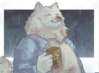 anthro blue_clothing blue_jacket blue_topwear clothing container cup eyes_closed fluffy fluffy_tail jacket male neck_tuft pointy_ears raining smile solo tail topwear tuft supimpaws juhani_(juhanisamoyed) canid canine canis domestic_dog mammal nordic_sled_dog samoyed spitz absurd_res hi_res