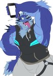 anthro blue_body blue_fur cellphone electronics fur long_tongue male muscular muscular_anthro muscular_male pecs phone sleeveless_hoodie smartphone solo tongue toranoyouhei lifewonders tokyo_afterschool_summoners tindalos_(tas) canid canine canis mammal wolf absurd_res hi_res