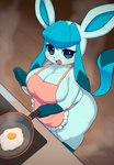 2023 anthro apron apron_only belly big_breasts big_butt black_nose blue_body blue_eyes blush breasts bulging_breasts butt cleavage clothed clothing cooking cookware curvy_figure digital_media_(artwork) eeveelution egg eyelashes female frying_pan full-length_portrait generation_4_pokemon glaceon gloves_(marking) hi_res high-angle_view holding_frying_pan holding_object inside kitchen_utensils looking_at_viewer mammal markings nintendo open_mouth pink_apron pink_clothing pink_tongue pokemon pokemon_(species) pokemorph portrait raised_tail short_stack side_boob slightly_chubby snout solo standing steam tail thick_thighs three-quarter_view tongue tools voluptuous wide_hips xmu