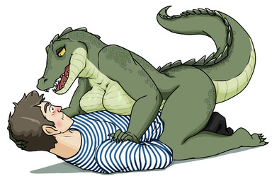 anthro big_breasts breast_squish breasts duo female lying_on_another male male/female non-mammal_breasts squish surprised_face teeth_showing stille crocodile crocodilian human mammal reptile scalie hi_res