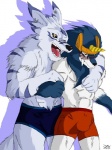 abs amber_eyes anthro arm_around_shoulders athletic barazoku biceps big_muscles black_nose blue_body blue_clothing blue_fur blue_underwear blush bottomwear boxers_(clothing) bromance bulge clothed clothing duo ear_piercing fangs fluffy fur grey_body grey_fur grin headgear horn hug kind male male/male markings muscular muscular_male open_mouth pants partially_clothed pecs piercing pose purple_body purple_fur red_clothing red_underwear shorts simple_background smile stripes teeth tongue topless tusks underwear white_background white_body white_fur yellow_eyes dragonslash bandai_namco digimon canid canine digimon_(species) dorulumon garurumon mammal weregarurumon 2013 3:4 signature story story_in_description brother_(lore) sibling_(lore)