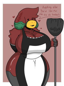 anthro big_breasts breasts clothed clothing dress female fur looking_at_viewer maid_apron maid_uniform red_body simple_background slightly_chubby smile solo text thick_thighs uniform enderbendr microsoft minecraft mojang xbox_game_studios samantha_(endrslendr) mammal sniffer_(minecraft) 3:4 absurd_res hi_res