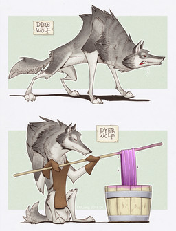 all_fours ambiguous_gender apron claws clothing duo feral fur gloves grey_body grey_fur handwear humor pun red_eyes simple_background sitting standing teeth toe_claws visual_pun white_body white_fur conditional_dnp loupgarou canid canine canis dire_wolf mammal prehistoric_species 2016 hi_res