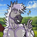 anthro barn biceps dappled_fur eyes_closed field fur gesture grey_body grey_fur hand_gesture male mane pecs smile solo sparkles teeth v_sign serak_claw equid equine horse mammal 1:1 absurd_res hi_res icon