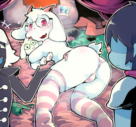 anthro blush bulge butt clothing crossdressing_male eyewear floppy_ears fur glasses group horn legwear male panties pink_eyes plushie stockings trio underwear white_body white_fur moesouna_gomi deltarune undertale_(series) kris_dreemurr ralsei bovid caprine goat human mammal hi_res