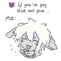 grey_body hair humor male simple_background smile solo stated_homosexuality stated_sexuality text tongue tongue_out white_background white_hair alew404 alew mammal monster english_text meme