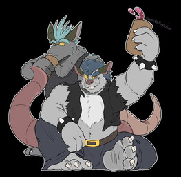 3_toes anthro black_background drinking duo feet fur grey_body grey_fur male simple_background sitting smile toes randydapurpledog brok_the_investigator cowcat_games dart_(brok_the_investigator) squealers_chief mammal murid murine rat rodent 2026 hi_res