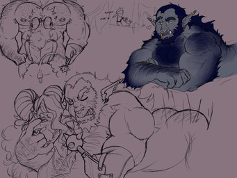 anal anus arm_hair arm_tuft armpit_hair back_hair back_tuft balls beard belly_hair big_butt big_horn big_muscles bite_mark_on_shoulder blue_body blue_fur blue_hair body_hair butt butt_hair chest_hair chest_tuft duo ear_piercing eyebrow_piercing eyebrows facial_hair facial_piercing facial_scar finger_in_mouth from_behind_position fur gauge_piercing gauged_ear genitals gold_(metal) gold_jewelry gold_tooth grey_background grey_body hair hairy hairy_back hairy_legs heart_symbol holding_object horn jewelry lip_piercing lips long_hair mace male male/male mask melee_weapon missing_hand multiple_piercings muscular muscular_arms muscular_male necklace nipple_piercing nipples nose_piercing nose_ring on_top penis piercing pink_nose raised_tail rear_view ring_piercing scar septum_piercing septum_ring sex shoulder_tuft simple_background size_difference sketchy snakebite_piercing sound_effects sparkles sparkling_eyes submissive submissive_male tail teary_eyes thick_bottom_lip thick_eyebrows thick_thighs tuft tufted_fur tusks weapon weapon_arm wearing_mask widow's_peak window_curtains window_sill yellow_eyes flufflion grindr avian bird bugbear humanoid satyr 4:3 absurd_res colored_sketch hi_res line_art sketch sketch_page