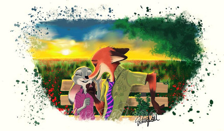 abstract_background anthro bench brown_body brown_ears brown_fur buckteeth claws clothed clothing cloud detailed_background duo ears_down eyes_closed flower fur gloves_(marking) grass grey_body grey_fur happy markings necktie open_mouth orange_body orange_fur pivoted_ears plant shirt sitting sky sun sunset teeth topwear tree lorelalaley disney zootopia judy_hopps nick_wilde canid canine fox lagomorph leporid mammal rabbit red_fox true_fox alternate_version_at_source signature